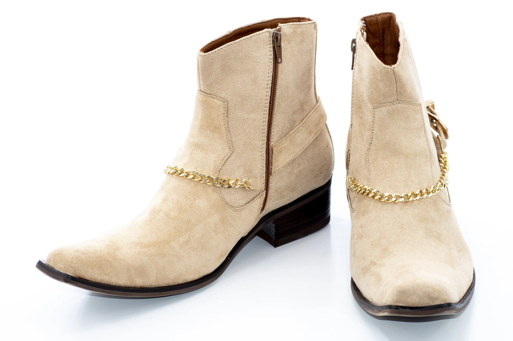 Cream Buckled Western Style Boot with Chain
