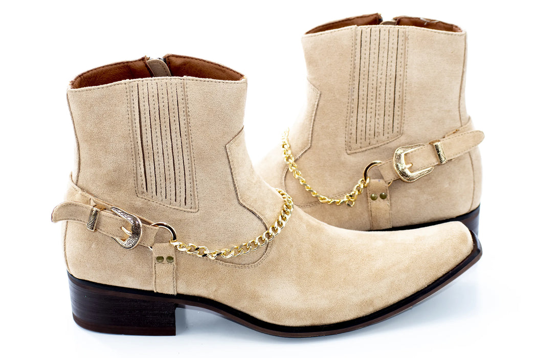 Cream Buckled Western Style Boot with Chain