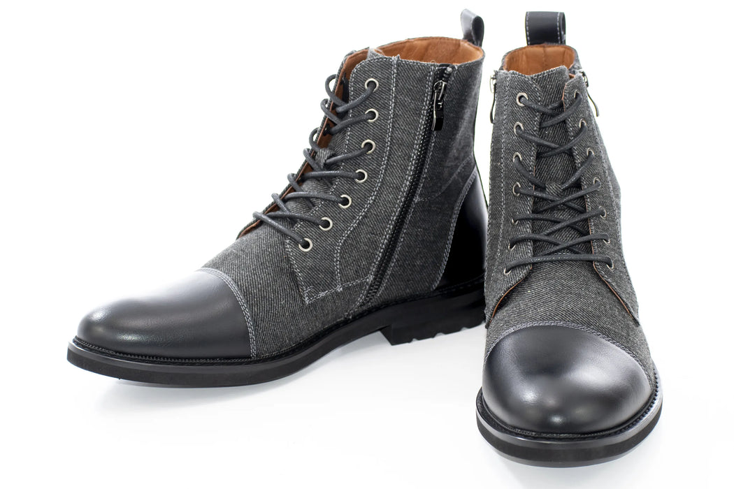 Black Duo-Textured Lace-Up Zip Boot