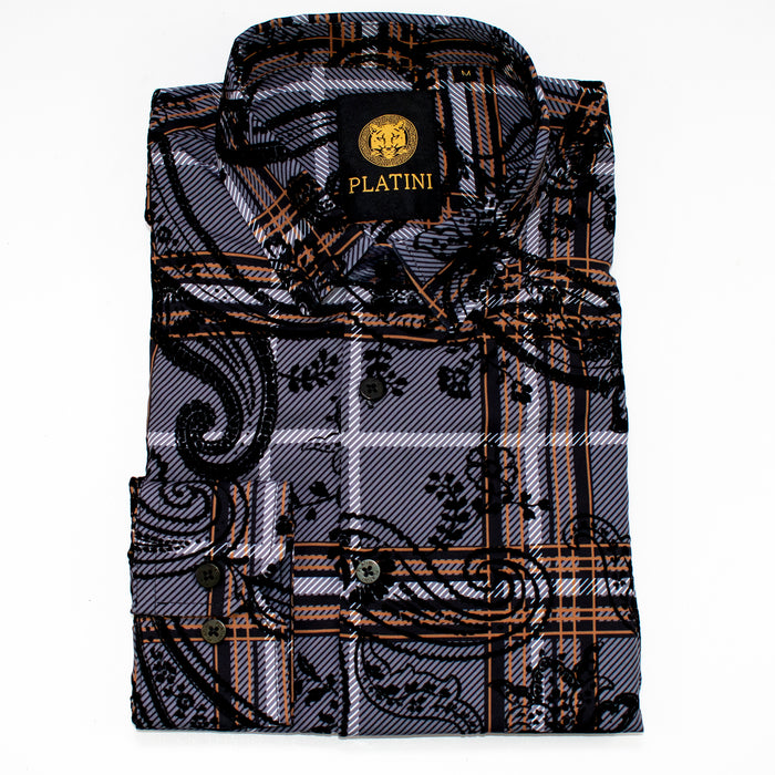 Black Satin Plaid and Paisley Overlay Dress Shirt