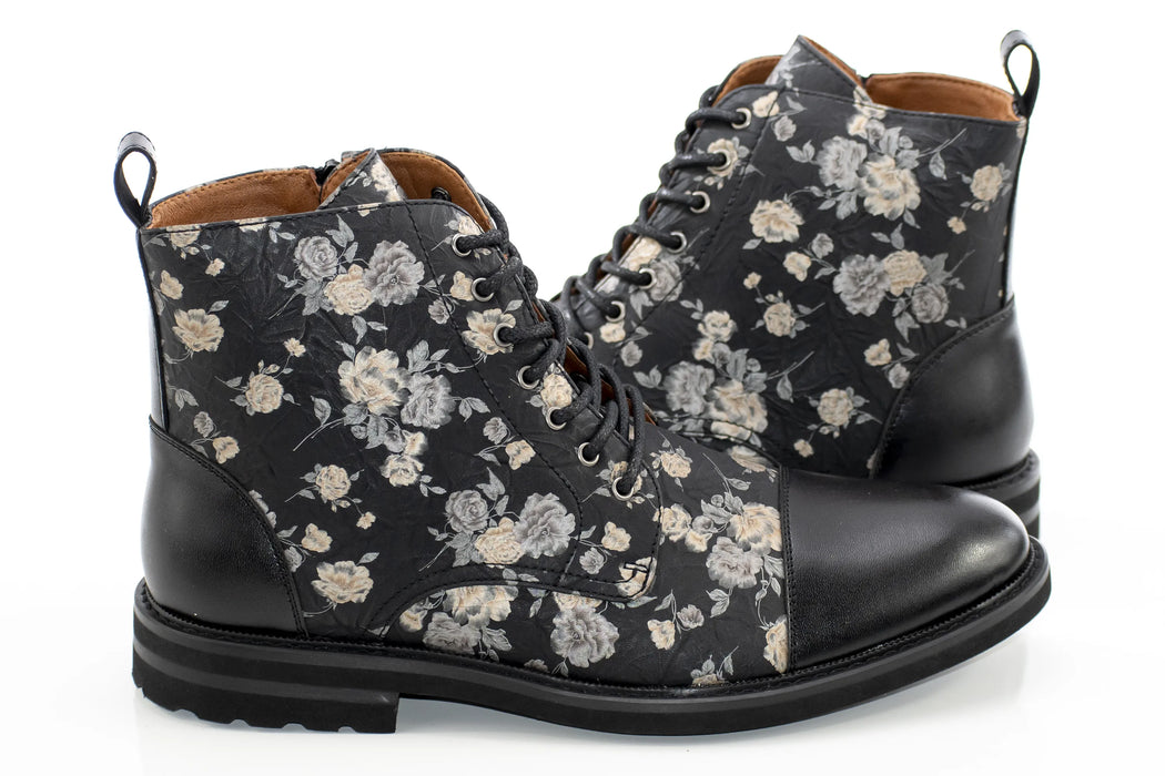 Black Floral Duo-Textured Lace-Up Zip Boot