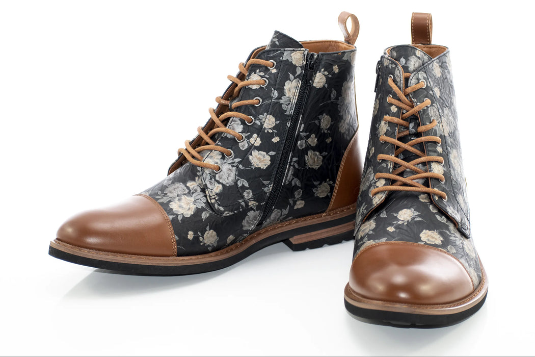 Brown Floral Duo-Textured Lace-Up Zip Boot
