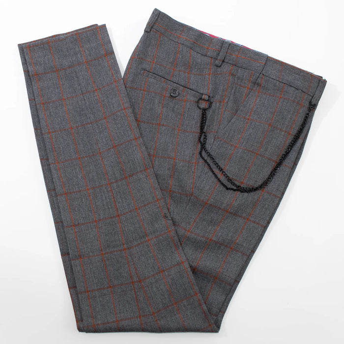 Charcoal & Rust Plaid Slim-Fit Designer Pants