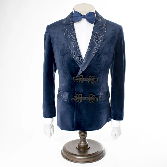 Navy Blue Rhinestones Encrusted Floral Jacket
