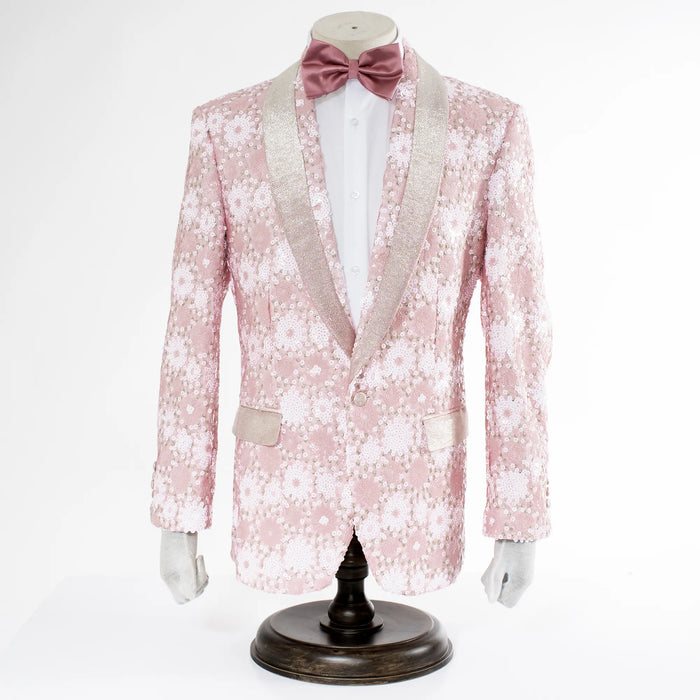 Rose Pink Sequined Floral Slim-Fit Dinner Jacket