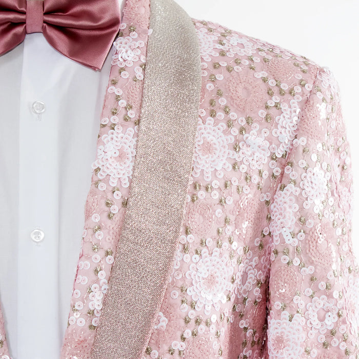 Rose Pink Sequined Floral Slim-Fit Dinner Jacket