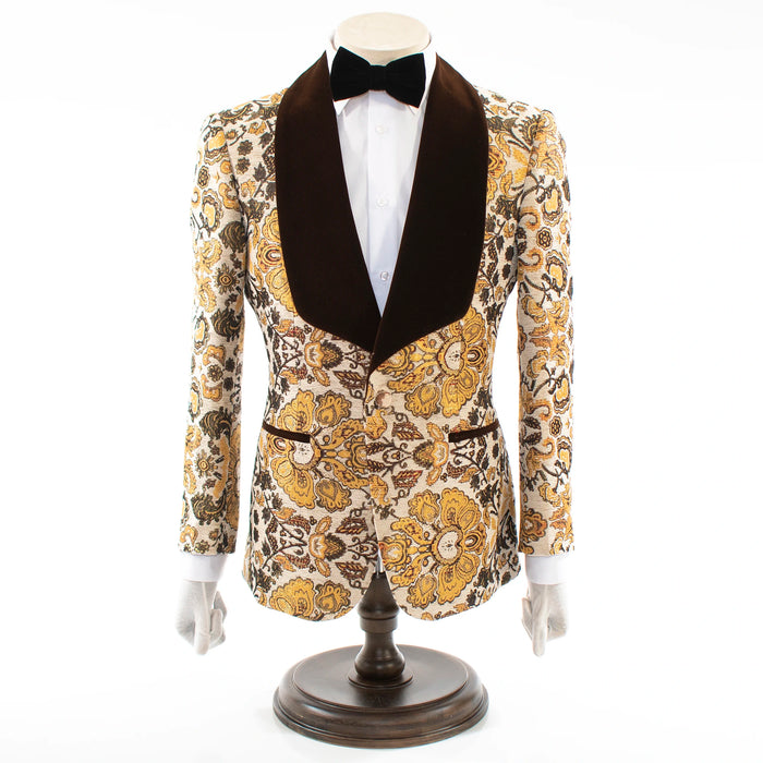 Brown Detailed Floral Regular-Fit Jacket With Shawl Lapels
