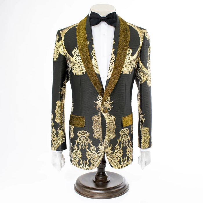Black And Gold Damask Jacket With Textured Lapels