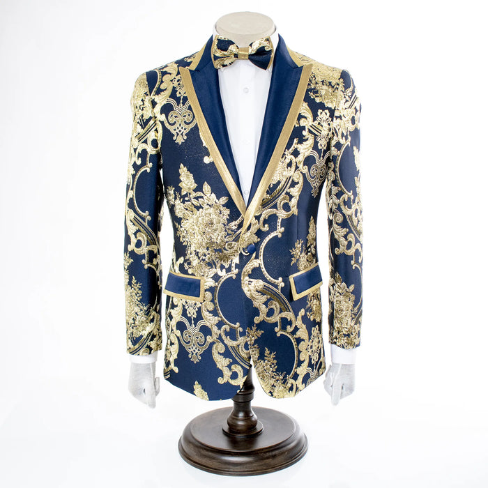 Navy and Gold Woven Jacobean Slim-Fit Dinner Jacket