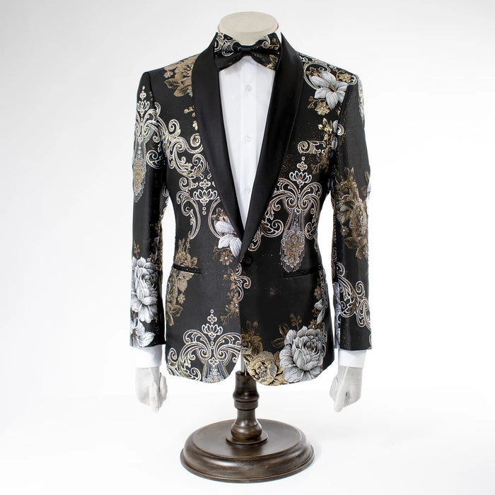Black and Gold Woven Jacobean Slim-Fit Dinner Jacket