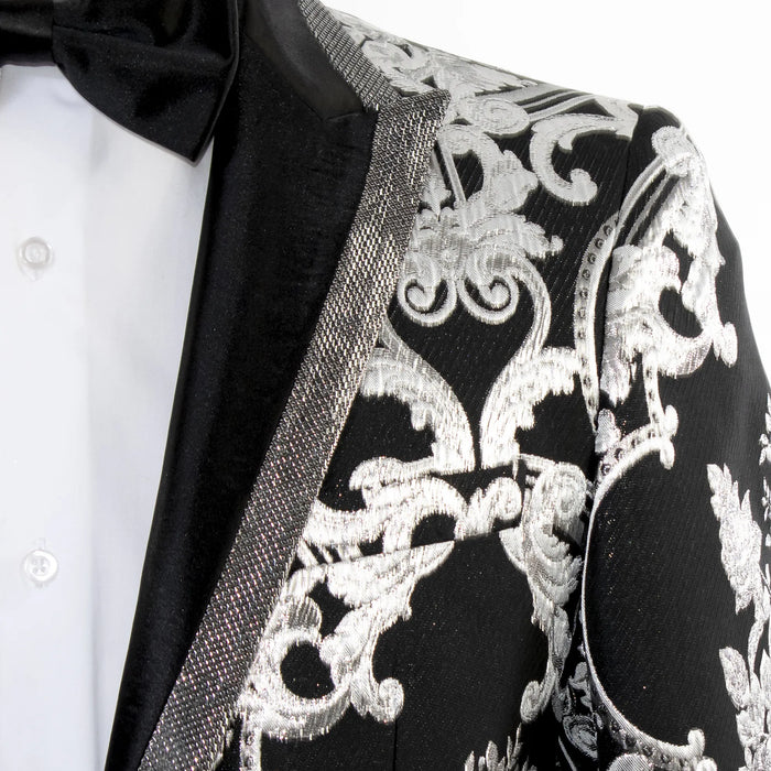 Black and Silver Woven Jacobean Slim-Fit Dinner Jacket