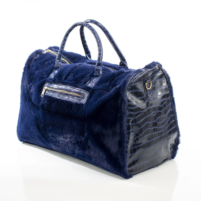 Midnight Blue Fur and Leather Travel Bag
