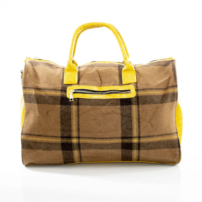 Brown Plaid and Yellow Leather Travel Bag