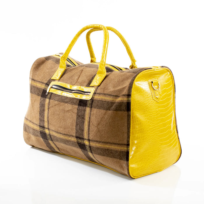Brown Plaid and Yellow Leather Travel Bag