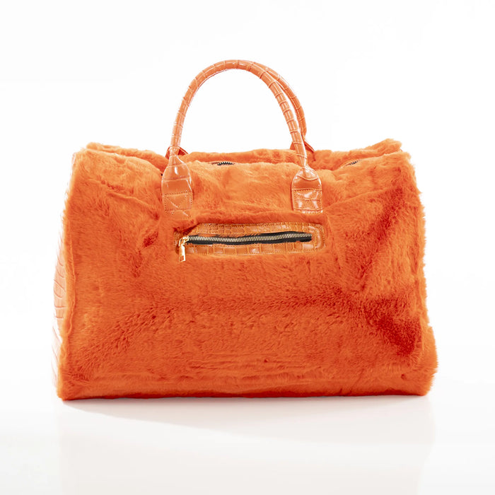 Orange Leather Travel Bag With Fur Trim