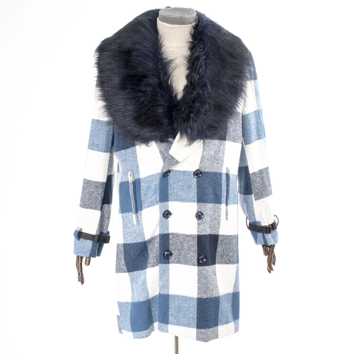 Navy Plaid Double-Breasted Overcoat With Fur Collar