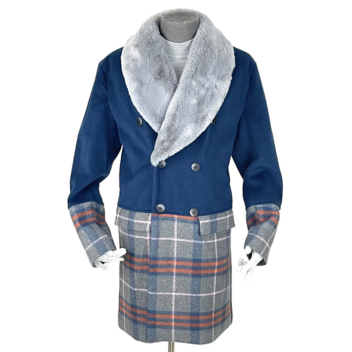 Blue Two-Tone Tartan Long Overcoat With Fur Collar