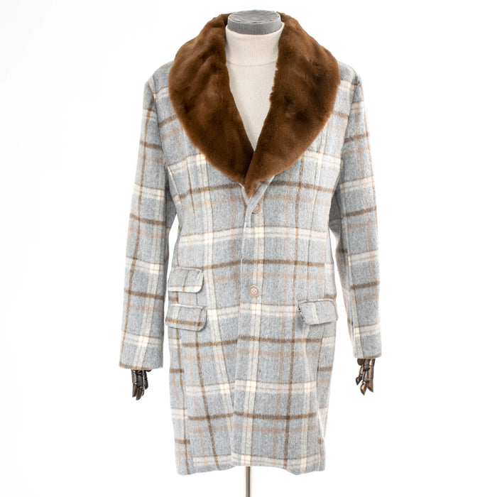 Gray Plaid Single-Breasted Overcoat With Fur Collar
