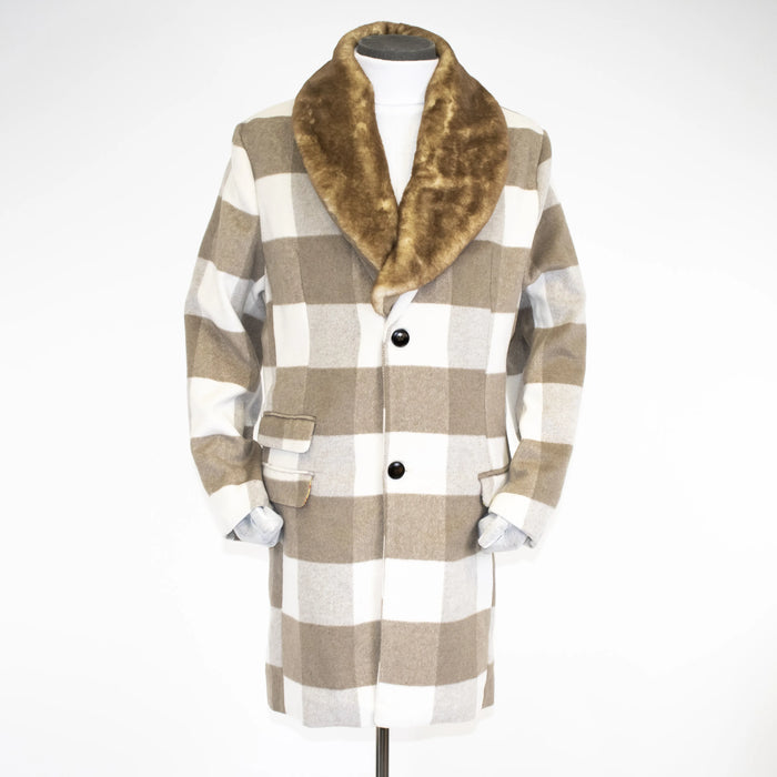 Tan Plaid Single-Breasted Overcoat With Fur Collar