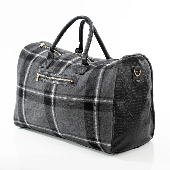 Black Plaid and Leather Travel Bag