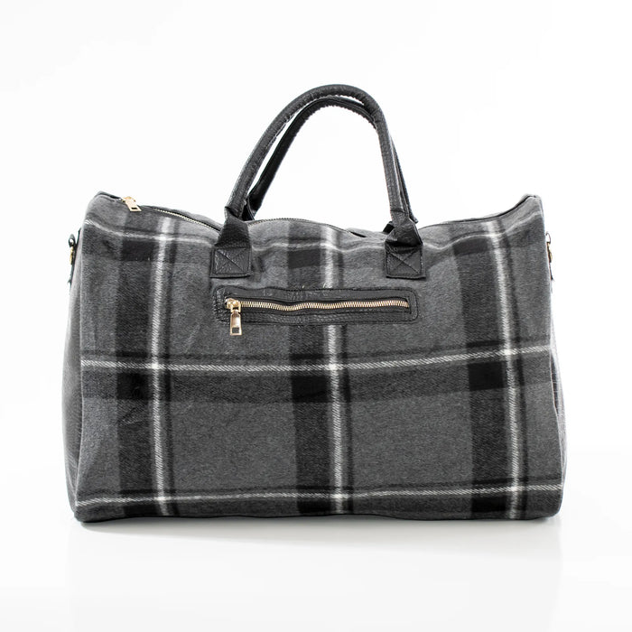 Black Plaid and Leather Travel Bag