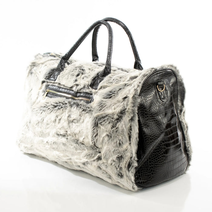 Gray Fur and Black Leather Travel Bag