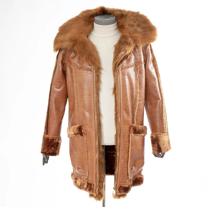 Brown Long Leather Overcoat With Fur Collar