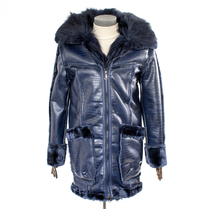 Navy Leather Long Overcoat With Fur Collar