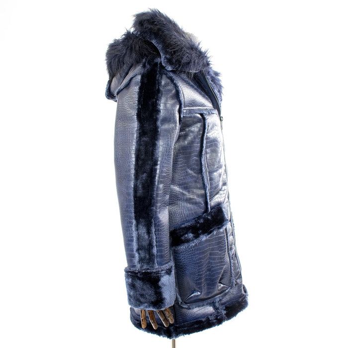 Navy Leather Long Overcoat With Fur Collar