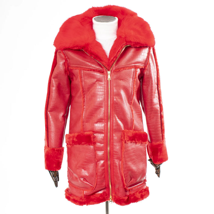 Red Leather Long Overcoat With Fur Collar