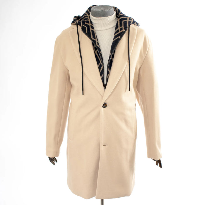 Khaki Wool Overcoat With Removable Hood