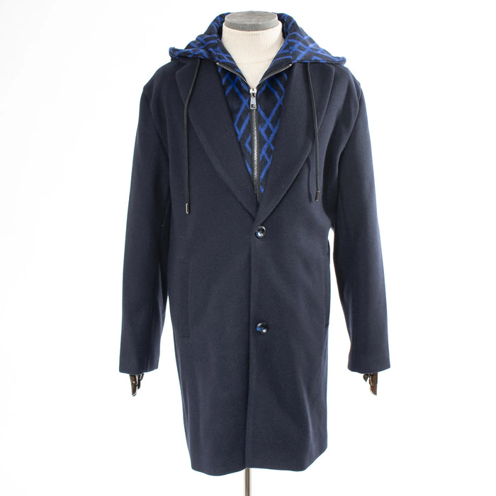 Navy Wool Overcoat With Removable Hood