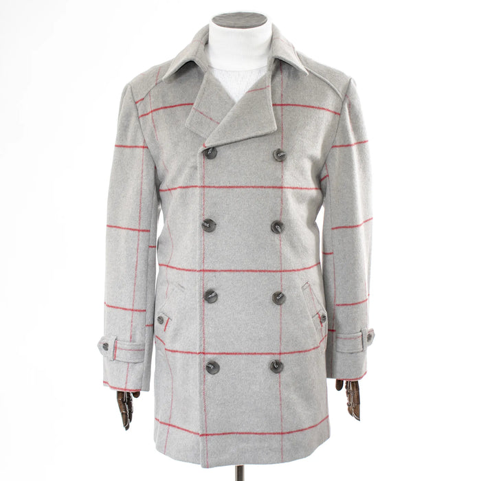 Gray And Red Checked Fleece Overcoat
