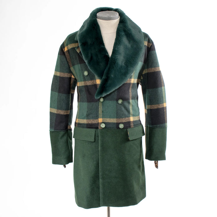 Green Plaid Button-Down Overcoat With Removable Collar