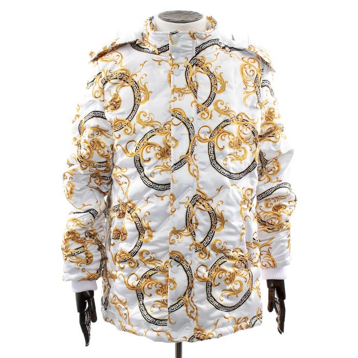 White Padded Zip-Down Jacket With Grecian Rings