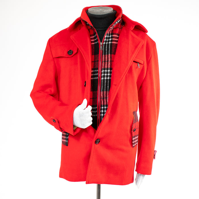 Red Fleece Overcoat with Plaid Lining