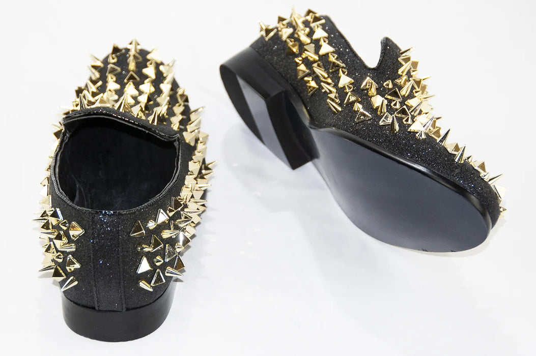 Black & Gold Glittered Spiked Loafers
