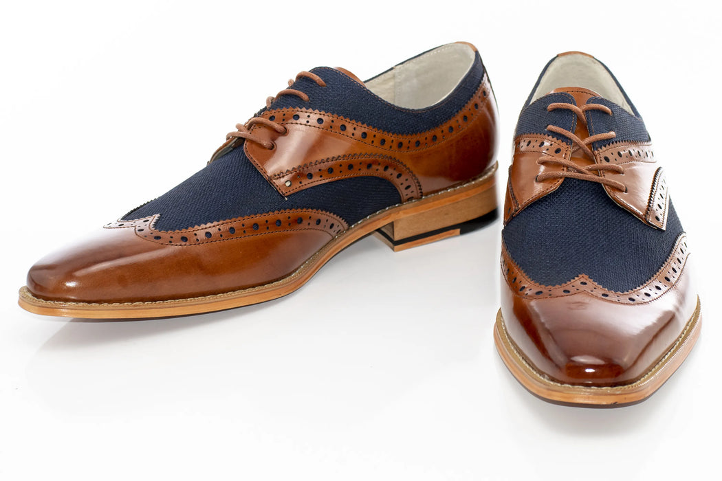 Men's Brown And Navy Blue Derby Dress Shoe With Wingtip Brogue