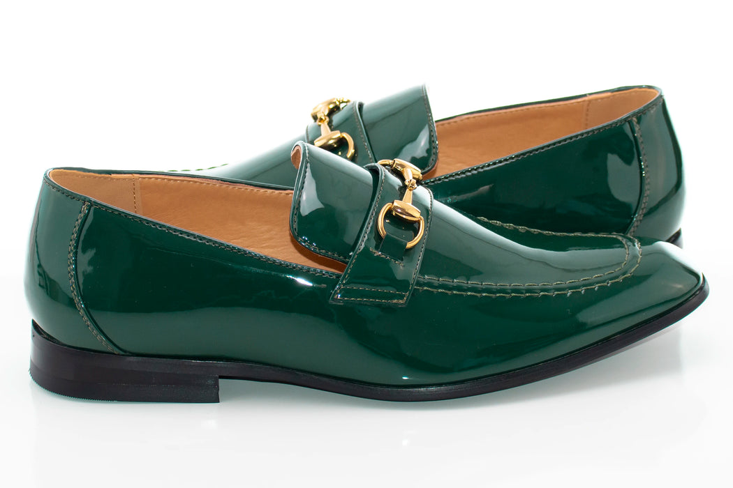 Men's Green Patent Leather Bit-Loafer Dress Shoe - Quarter, Heel