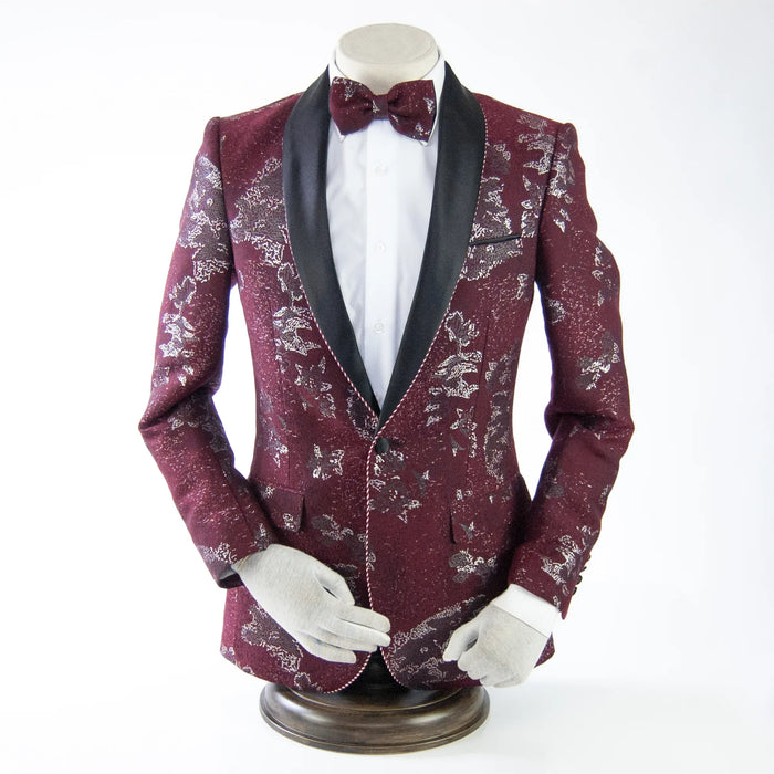 Burgundy Floral Jacket With Shawl Lapel