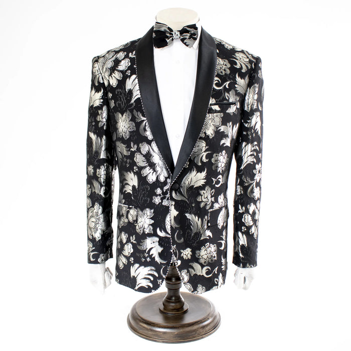 Black and Silver Damask Tailored-Fit Jacket
