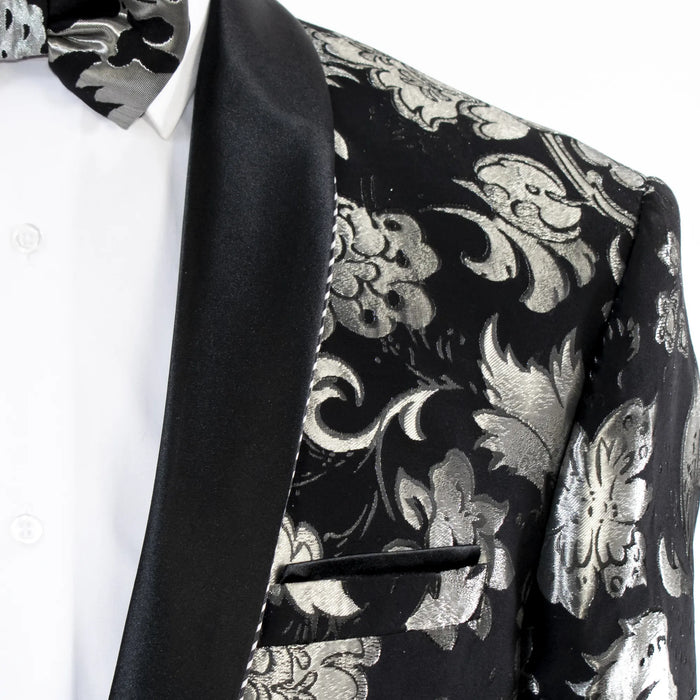 Black and Silver Damask Tailored-Fit Jacket