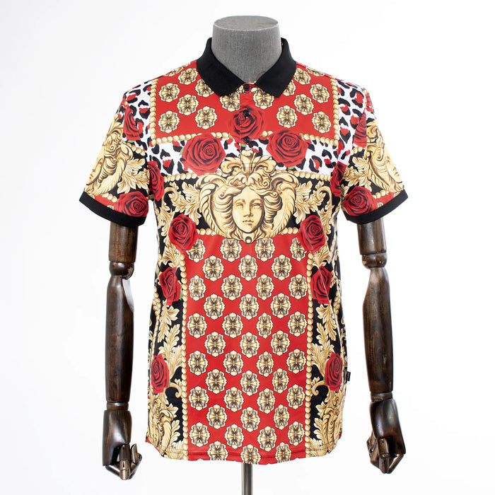 Black And Red Designer Slim-Fit Polo Shirt With Rose Pattern