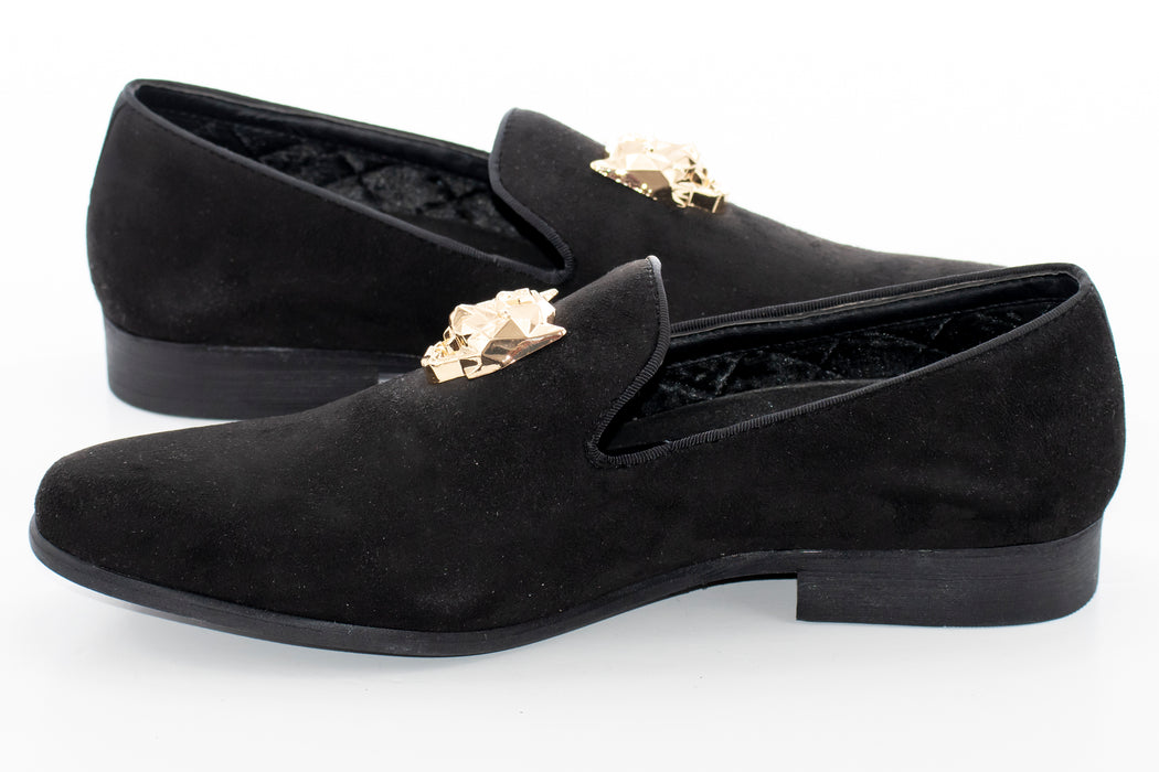 Black Suede Smoking Loafer with Gold Lion Bit
