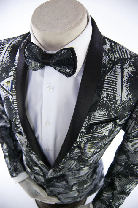 Black and Gray Patterned 2-Piece Tailored-Fit Tuxedo