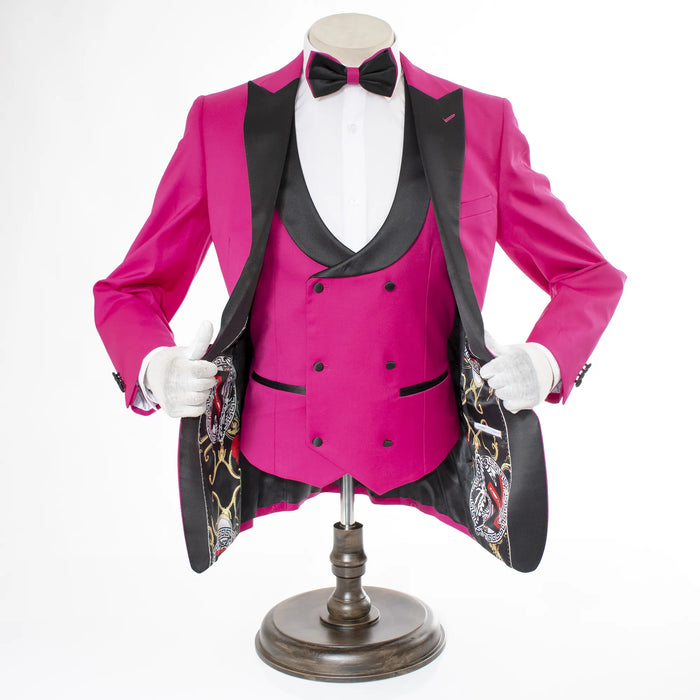Men's Fuchsia 3-Piece Slim-Fit Tuxedo - Double-Breasted Vest