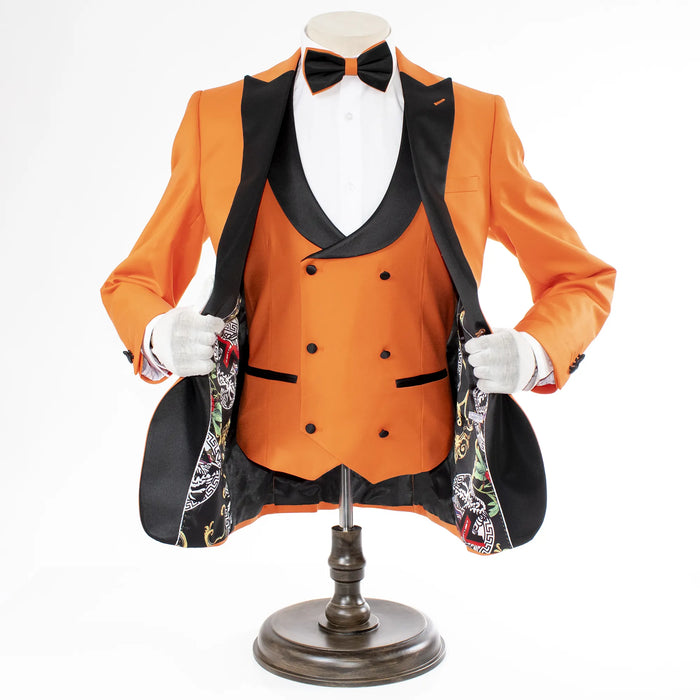 Men's Orange 3-Piece Slim-Fit Tuxedo - Double-Breasted Vest