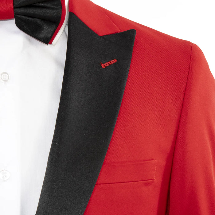 Men's Red 3-Piece Slim-Fit Tuxedo - Peak Lapel Closeup