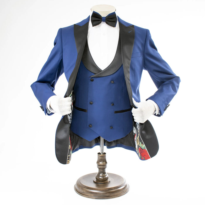 Men's Dark Blue Sapphire 3-Piece Slim-Fit Tuxedo -  Double-Breasted Vest