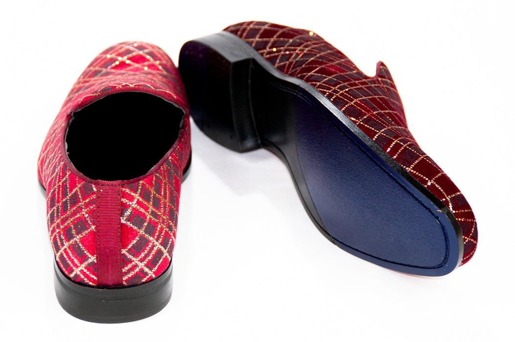 berry red and gold velvet smoking loafers 